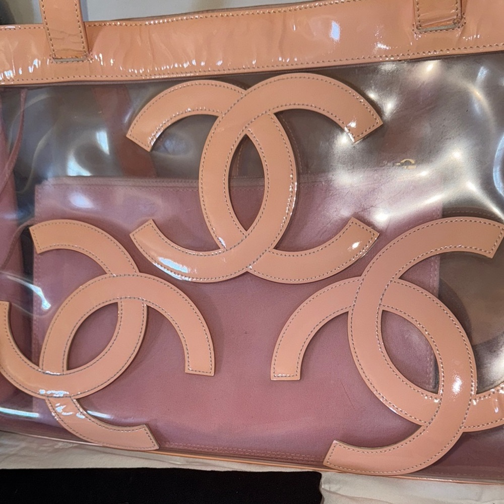 Chanel Pink Transparent Tote with Iconic CC Logos Vintage 90s XL Peachy Pink - Picture 3 of 7